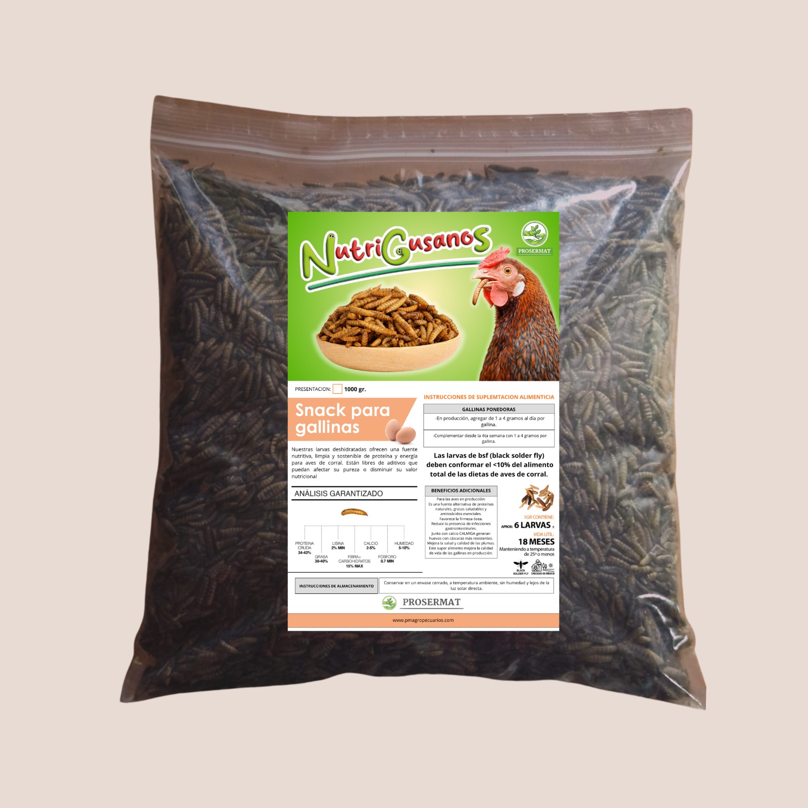 NutriGusanos soldado negro (BSF)  1 kg Snack para gallinas ponedoras
