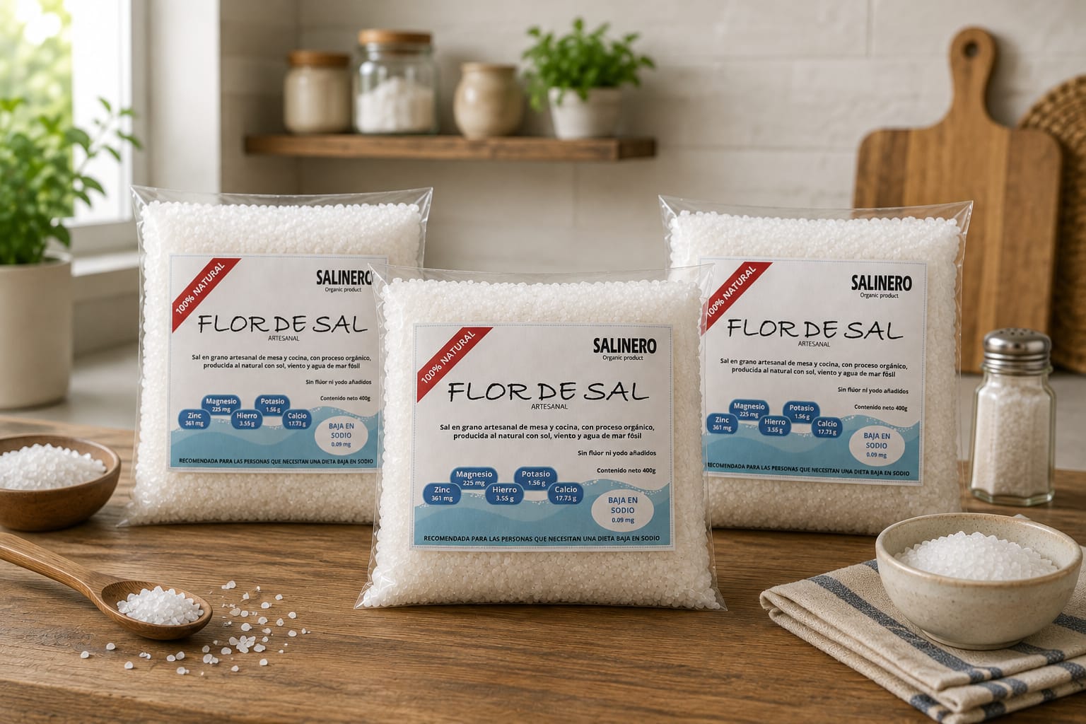 Flor de Sal Artesanal 3 Bolsas de 400 gramos Salinero 1.2 kg